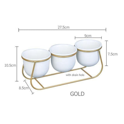White Ceramic Succulent Planter Trio with Metal Sleigh Stand